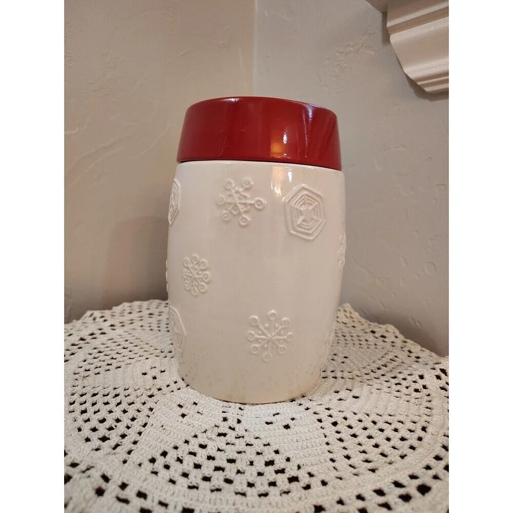 2011 Starbucks Red white Holiday Snowflake Ceramic Coffee Canister 7